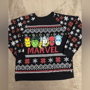 Marvel Black Sweater with Superhero Faces and Festive Patterns